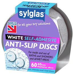 Waterproof non-slip discs for baths and shower units. Available in clear and white to provide discreet protection on wet surfaces