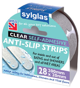 Waterproof non-slip strips for baths and shower units. Available in clear and white to provide discreet protection on wet surfaces