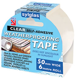 Clear weatherproofing tape - recommended for use on cracked panes of glass to save on greenhouse heating bills, repair of plastic sheeting and sealing overlaps on corrugated sheeting