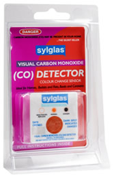 Carbon monoxide detector by Sylglas - easy to use device which can be applied to most surfaces with a self-adhesive backing for easy fitting.  Recommended for use in homes, hotels, bedsits, boats, caravans, and flats.